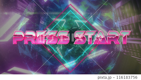 Game start text over neon banner against hands neon cityscape on pink background 116183756
