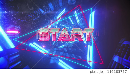 Image of start text banner over neon blue tunnel in seamless pattern against black background Image of start text banner over neon blue tunnel in seamless pattern against black background 116183757