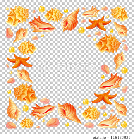 Square background of seashells, starfish, stones and bubbles or pearls with round empty space for text. Watercolor frame. Underwater life isolated template for beach or travel design and prints 116183923