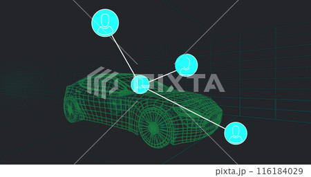 Image of network of connections 3d car model over grid on black background 116184029