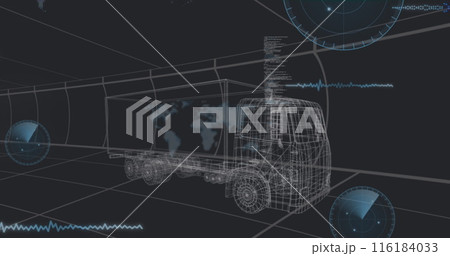 Image of data processing 3d car model over grid on black background Image of data processing 3d car model over grid on black background 116184033