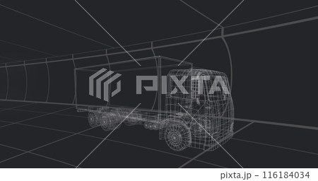 Image of data processing 3d car model over grid on black background Image of data processing 3d car model over grid on black background 116184034