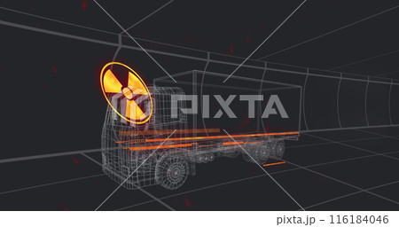 Image of warning text 3d car model over grid on black background 116184046