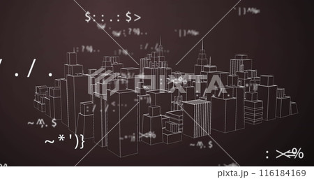 Image of looping symbols and signs over rotating cityscape against gray background Image of looping symbols and signs over rotating cityscape against gray background 116184169