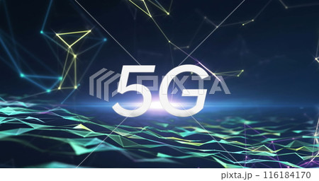 Image of 5g text over dots connecting and forming geometric shapes over digital waves Image of 5g text over dots connecting and forming geometric shapes over digital waves 116184170