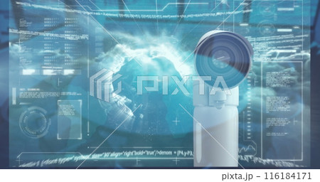 Image of looping multiple infographic interface, connected icons over empty conference room Image of looping multiple infographic interface, connected icons over empty conference room 116184171
