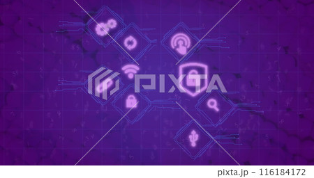 Image of icons in rhombuses over looping numbers against abstract background 116184172