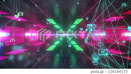Image of icons connected and forming sphere shapes over pink and green color tunnel Image of icons connected and forming sphere shapes over pink and green color tunnel 116184173