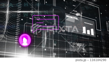 Image of profile and message icon over interface with data processing against black background 116184290