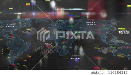 Image of colourful shapes over world map 116184313