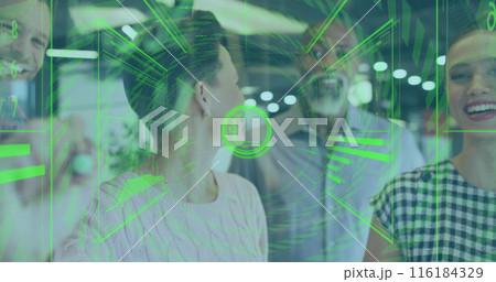 Image of interface with data processing over biracial woman writing on glass board at office Image of interface with data processing over biracial woman writing on glass board at office 116184329