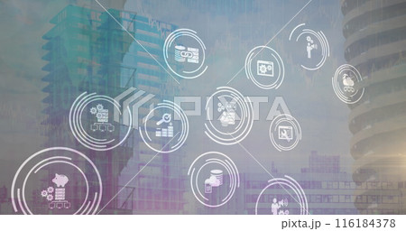 Image of icons and data processing over cityscape 116184378