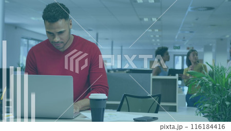 Image of statistics and financial data processing over business people working in office 116184416