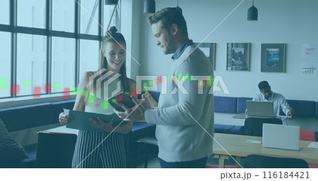 Image of statistics and financial data processing over business people working in office 116184421
