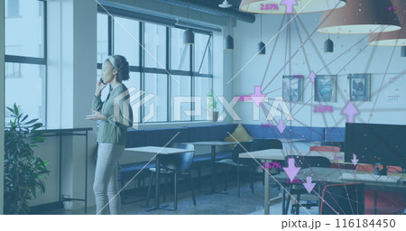 Image of network of connections over african american businesswoman working at office Image of network of connections over african american businesswoman working at office 116184450