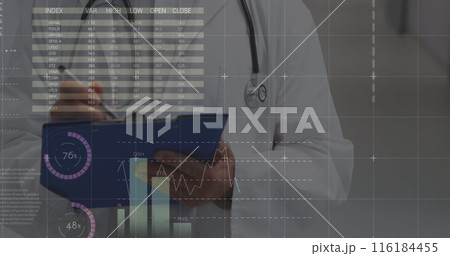 Image of data processing over caucasian male senior doctor writing on clipboard at hospital 116184455