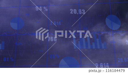 Image of statistical data processing over grid network against grey background Image of statistical data processing over grid network against grey background 116184479