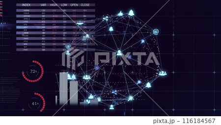 Image of statistical data processing and globe of digital icons against black background 116184567