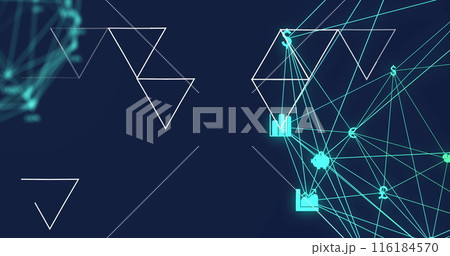 Image of abstract geometric shapes over two globes of digital icons spinning on blue background Image of abstract geometric shapes over two globes of digital icons spinning on blue background 116184570