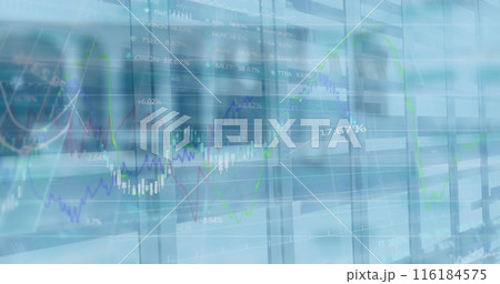Image of financial and stock market data processing against tall building 116184575