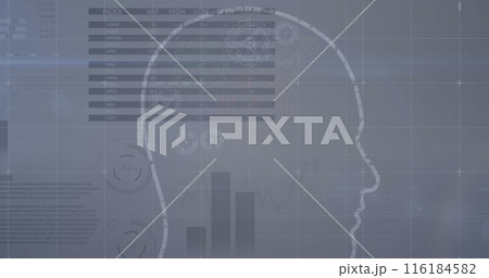 A human head with cogs turning, a stock market display with numbers and graphs, and a price going up 116184582