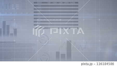 Image of screens with statistical data processing over grid network against grey background 116184586