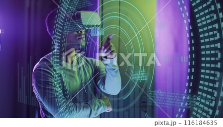Image of data processing over african american male worker with vr headset in server room 116184635