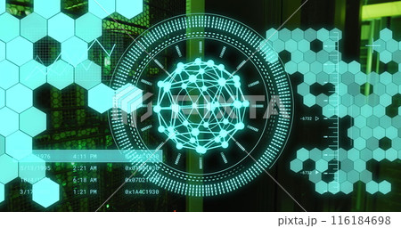 Image of data processing and shapes moving over server room Image of data processing and shapes moving over server room 116184698