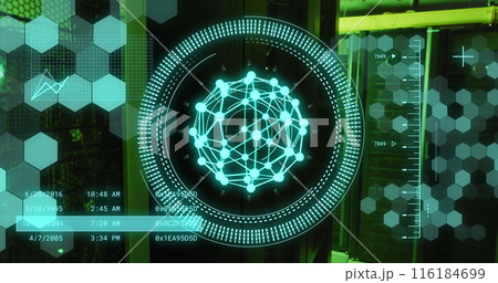 Image of data processing and shapes moving over server room 116184699