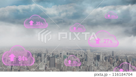 Image of clouds and percent growing over cityscape 116184704