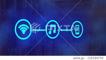 Image of media icons over server room Image of media icons over server room 116184750