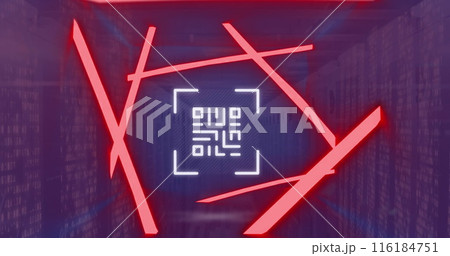 Image of red glowing light trails over barcode scanner against mosaic square over server room Image of red glowing light trails over barcode scanner against mosaic square over server room 116184751