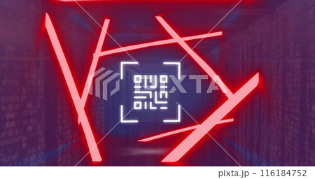 Image of red glowing light trails over barcode scanner against mosaic square over server room 116184752