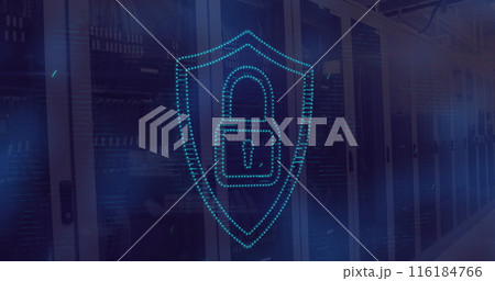 Image of light spot over security padlock icon and data processing against computer server room 116184766