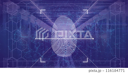 Image of fingerprint scanning over server room 116184771