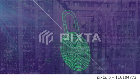Image of padlock icon over data processing and server room 116184772