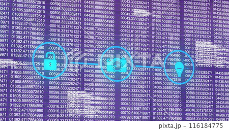 Image of media icons and binary coding over data processing 116184775