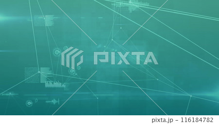 Image of network of connections and data processing against green gradient background 116184782