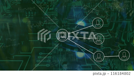 Image of mathematical equations and network of profile icons over microprocessor connections Image of mathematical equations and network of profile icons over microprocessor connections 116184802