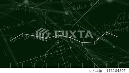 Image of mathematical equations and network of connections floating against green background Image of mathematical equations and network of connections floating against green background 116184805