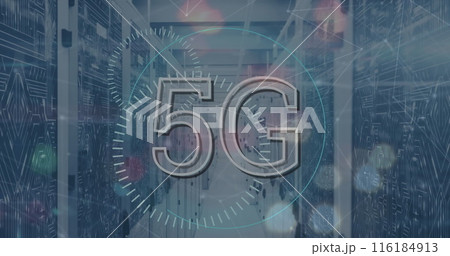 Image of 5g text and scope scanning over city and server room Image of 5g text and scope scanning over city and server room 116184913
