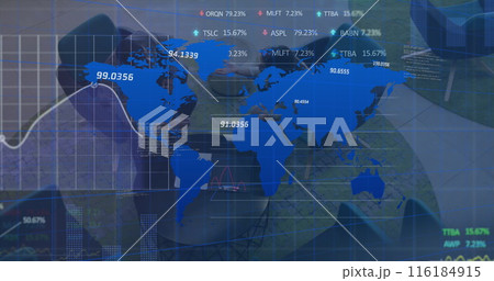 Image of map, graphs, trading boards, high angle of diverse coworkers sharing ideas in office Image of map, graphs, trading boards, high angle of diverse coworkers sharing ideas in office 116184915