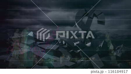 Image of data processing over broken dollar symbols and dark clouds Image of data processing over broken dollar symbols and dark clouds 116184917