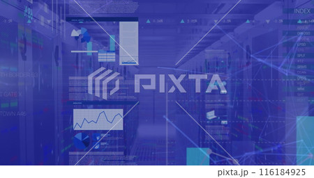 Image of data processing and stock market over shapes and server room Image of data processing and stock market over shapes and server room 116184925