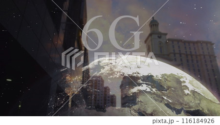 Image of 6g text and rotating globe over low angle view of buildings in background Image of 6g text and rotating globe over low angle view of buildings in background 116184926