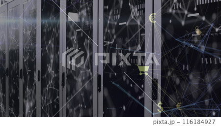 Image of media icons over shapes and server room Image of media icons over shapes and server room 116184927