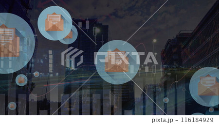 Image of email icons and data processing over cityscape Image of email icons and data processing over cityscape 116184929