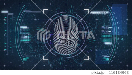Image of fingerprint in viewfinder and circles over connected dots against abstract background Image of fingerprint in viewfinder and circles over connected dots against abstract background 116184968