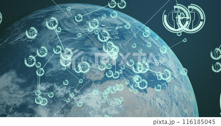 Image of icons connected with lines over globe against abstract background Image of icons connected with lines over globe against abstract background 116185045