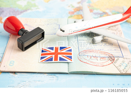 Bangkok, Thailand, March 1, 2024 Approved Stamp visa and passport with United Kingdom flag document to immigration at airport in country. Bangkok, Thailand, March 1, 2024 Approved Stamp visa and passport with United Kingdom flag document to immigration at airport in country. 116185055